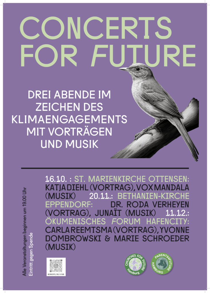 Plakat für die Concerts for Future 2025: Ein Vogel in Schwarzweiß auf einem Ast auf lila Grund, dazu die Daten der Konzerte, siehe Begleittext